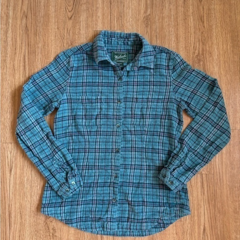Woolrich Womens Turquoise Plaid Flannel Shirt Long Sleeve Button Up Size S
